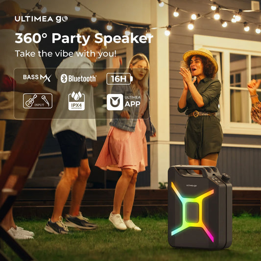 360° Party Speaker, 300W Peak Power, Bluetooth 5.4, App Control, Dual Wireless Microphone Support,