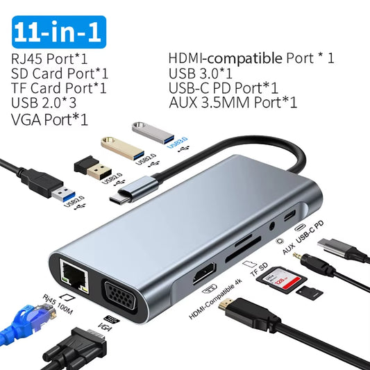 12-In-1 USB C Docking Station TYPE C to HDMI Adapter 4K HD PD 100W VGA RJ45 3.5Mm SD TF USB 3.0 Splitter for Laptop Macbook